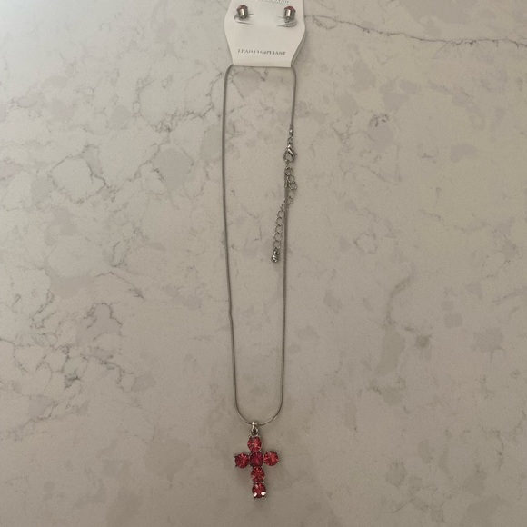 New Pink Cross and Earring Set - Picture 3 of 5